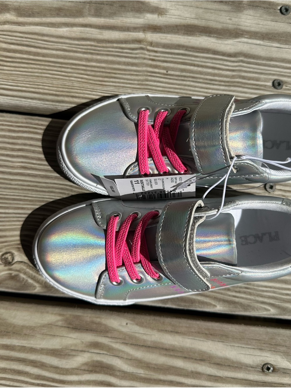 The Children's Place Holographic Silver Sneakers with Pink Laces